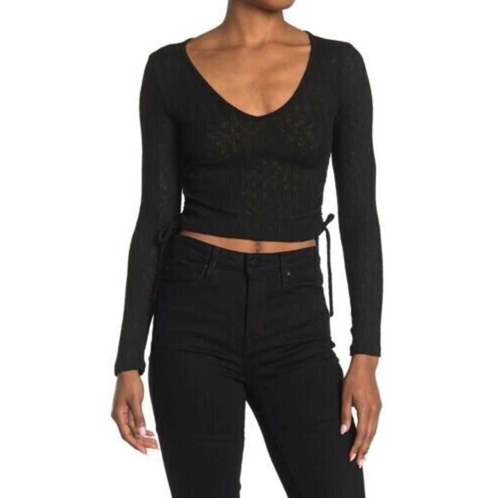 Good Luck Gem Women's V-Neck Side Tie Long Sleeve Ribbed Crop Top in Black Large